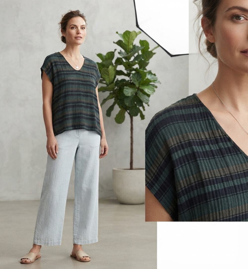 Eileen Fisher Organic Cotton Striped Crinkle V-Neck Boxy Top S/M Blk Green Brown